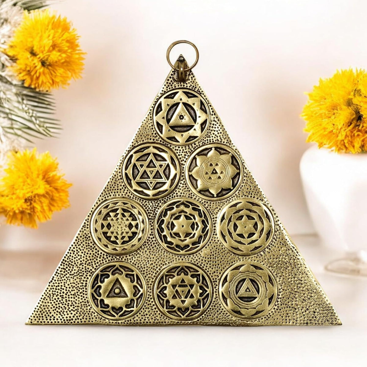 KridayKraft Metal Shri Vastu Navgrah Yantram Maha Yantra with Sampoorna Navgraha Triangle Yantra for Vastu Dosh Nivaran Wall Hanging Triangular Shaped Yantra (8.5 Inches) (1 Pc), Gold