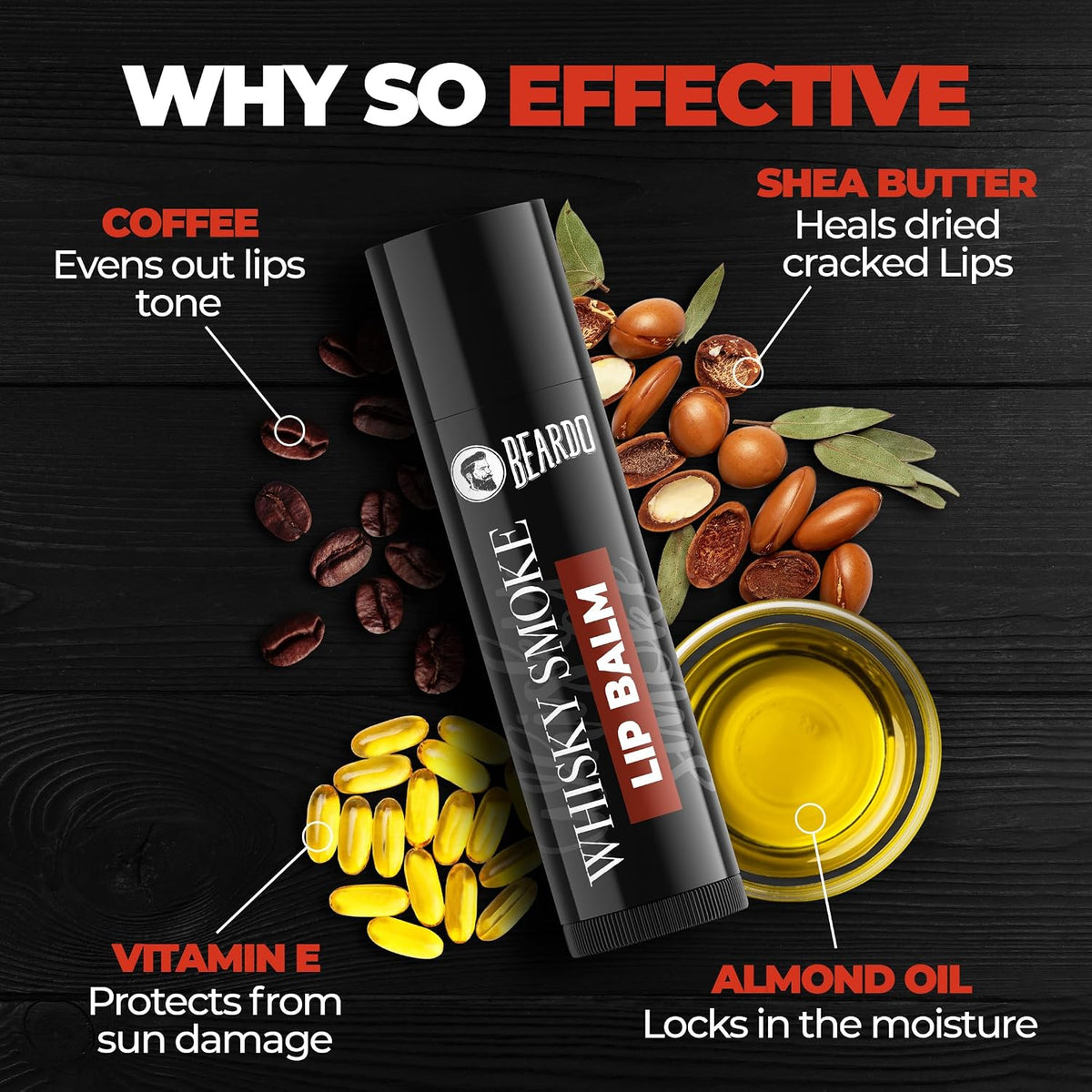 BEARDO Whisky Smoke Lip Balm for Men, 4g (Pack of 2) | Moisturizes & Soothes Dry, Cracked & Chapped Lips | Enriched with Vitamin E, Shea Butter & Coffee | Non Glossy, Non Tinted | for Men - Daily Use