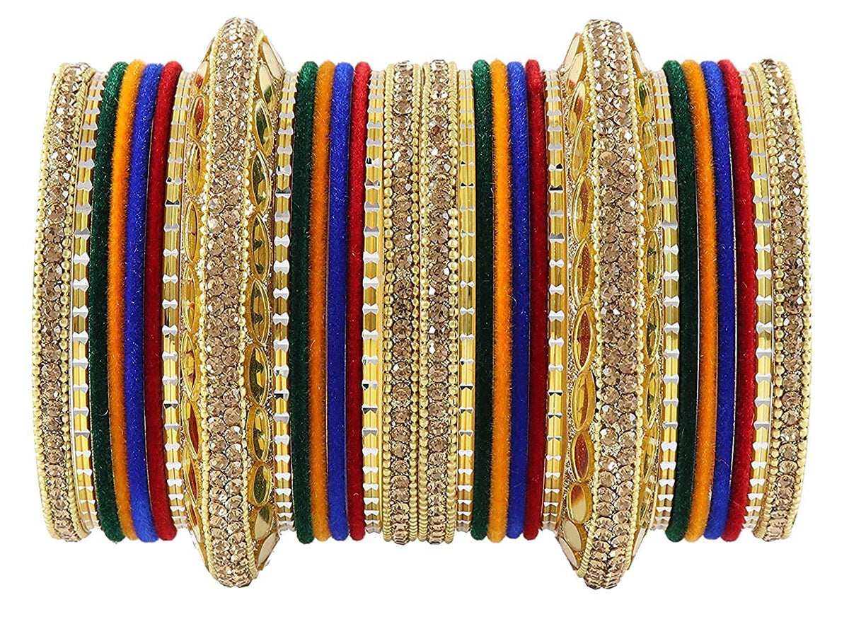 NMII Gold Plated Metal Bangles Velvet Bridal Chuda Set For Women and Girls with Premium Golden Zircon Stones & Beads Worked | Traditional Chuda Set For Women | Women's Bangles Wedding- Set of 30