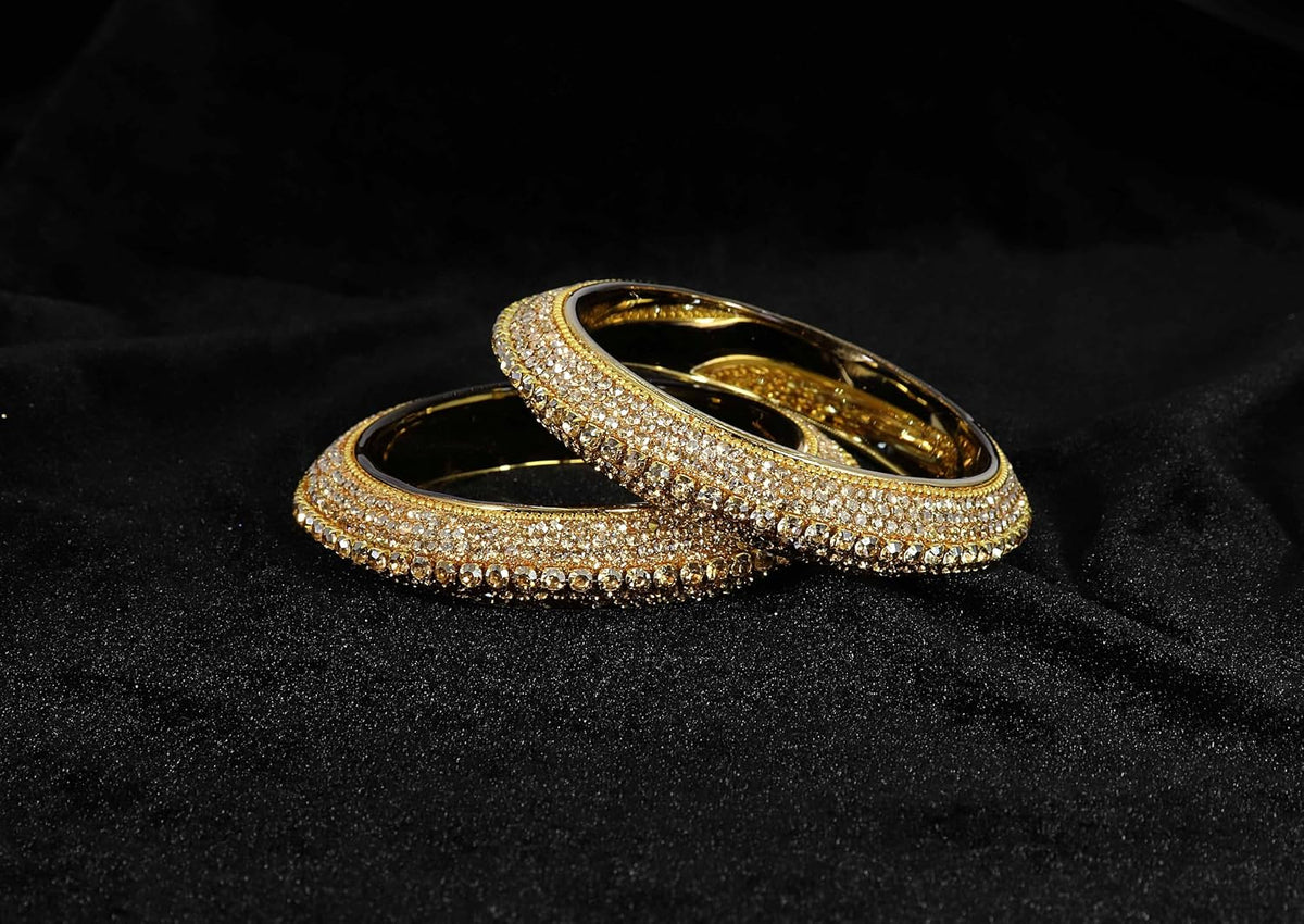 NMII Glass with Premium Golden Zircon Gemstone Studded Bangles Kada Set For Women & Girls | Fancy Glass Bangles | Traditional Kangan | Glass Bangles For Wedding, Party, Occasion Wear- Set of 2