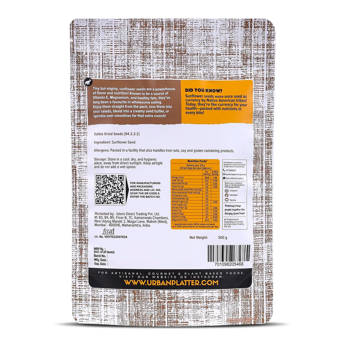 Urban Platter Sunflower Seeds, 500g (Protein & Fibre Rich | Vitamin E-Rich | Snacking, Salads & Baking)