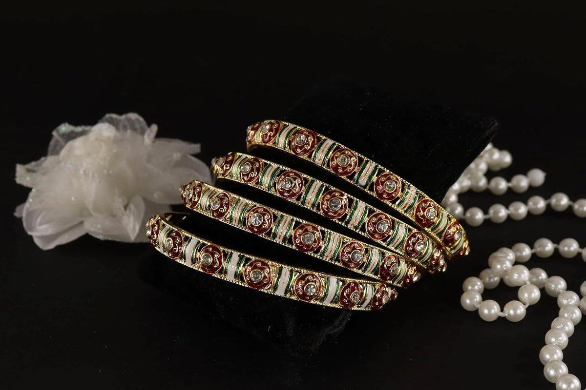 NMII Traditional Metal Bangles Set For Women & Girls with Golden Zircon Stones & Multicolour Finish | Designer Rajwadi Design Kangan | Premium Girls' Bangles Kada Set Wedding, Party, Festive- Set of 4