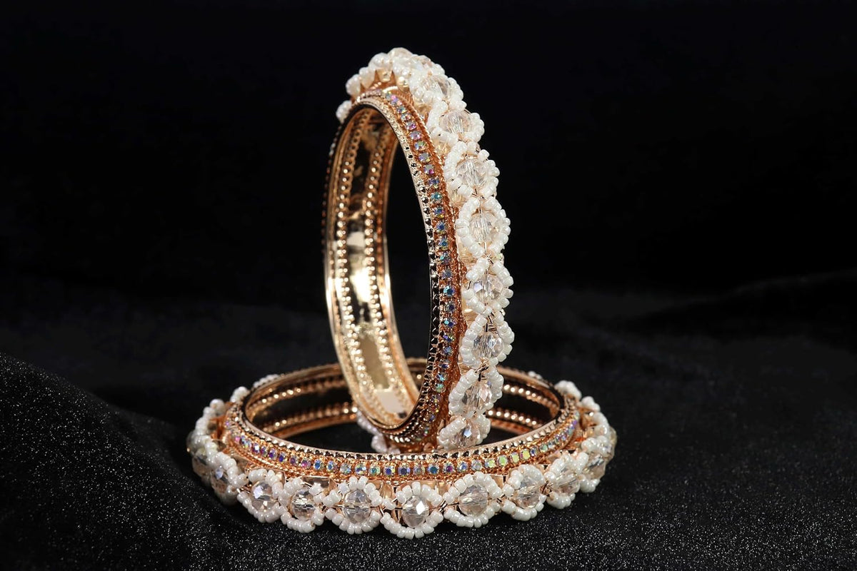 NMII Premium Alloy Metal Bangles For Women and Girls Studded American Diamond Stone & Pearls Moti | Women's Bangles Bracelet | Metal bangles | Stone Bangles Kada,(MAH67_851- RoseGold-2.4)