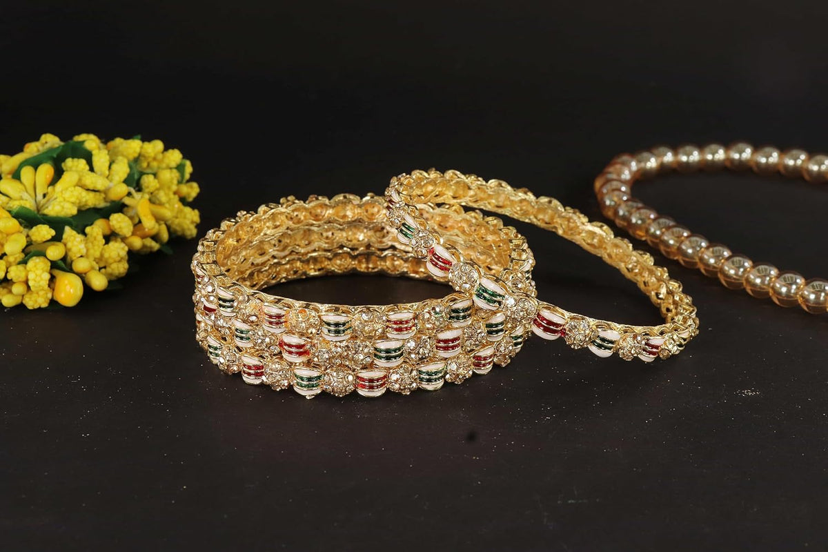 NMII Golden Metal Bangles Set For Women & Girls with Zircon Diamond Stone | Traditional Rajwadi Girl's Bangles Kangan | Fancy Women's Fashion Jewellery | Perfect for Wedding, Party, Festive- Set of 4