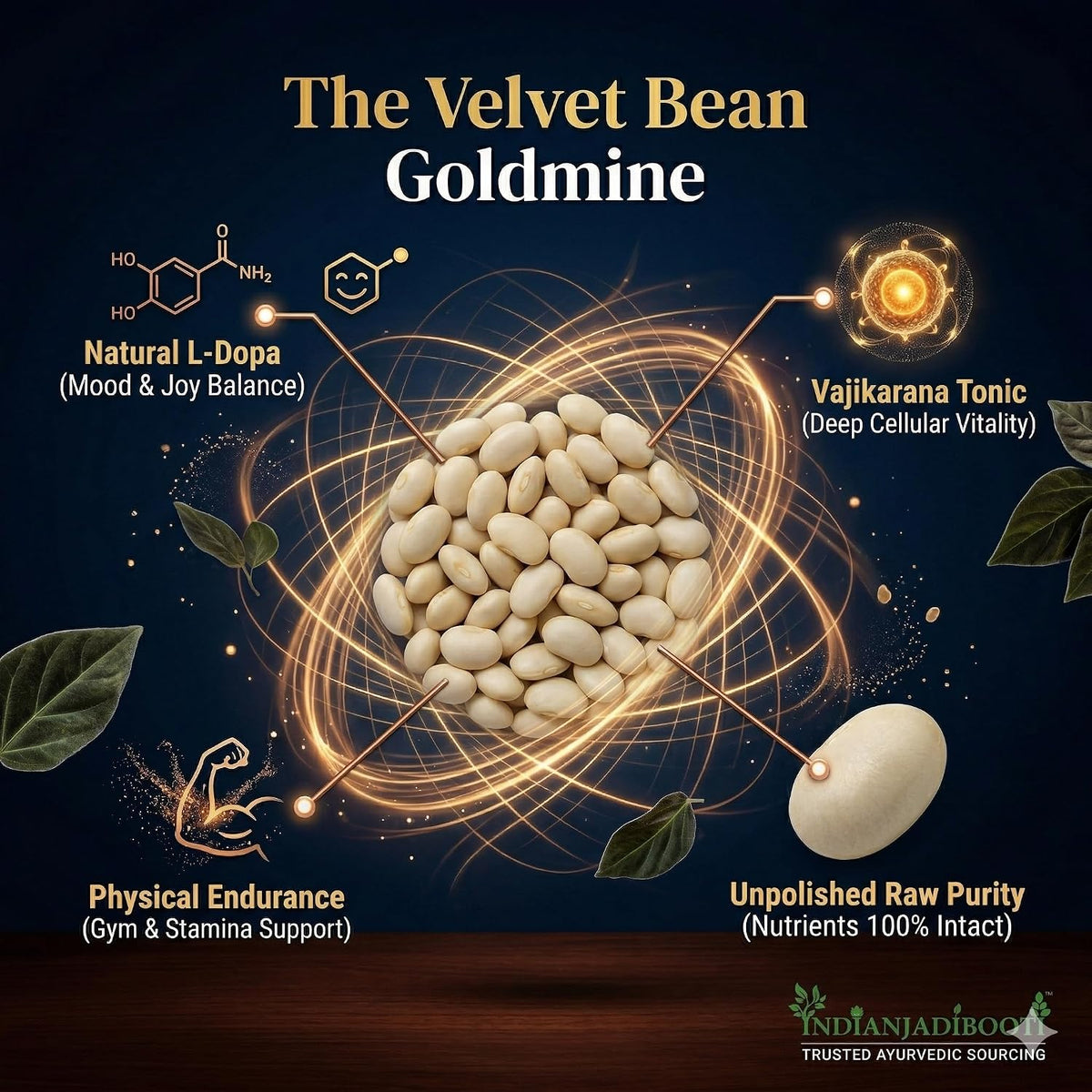 IndianJadiBooti White Kaunch Beej (Mucuna Pruriens/Velvet Bean) – Pure Raw Seeds for Vitality, Muscle Strength & Nervous System Support – Natural Mood Balance (100g)
