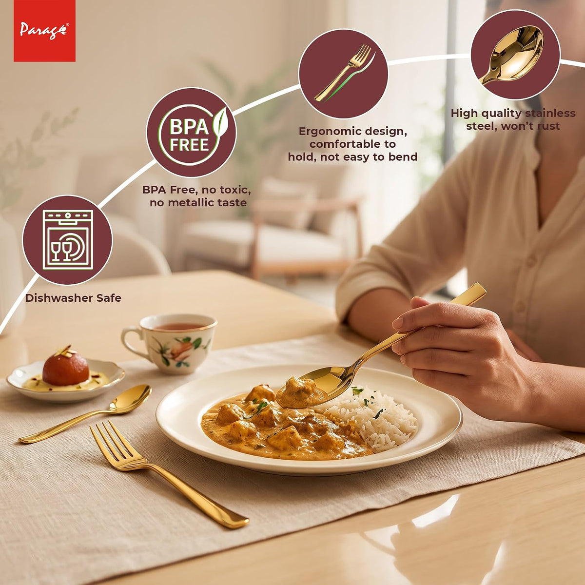 Parage 18 Pieces Stainless Steel Golden Spoon & Fork Set, Premium Cutlery Set for Home & Kitchen, Luxury PVD Gold Flatware for Elegant Dining (6 Pieces Each Table Spoons, Forks & Tea Spoons)