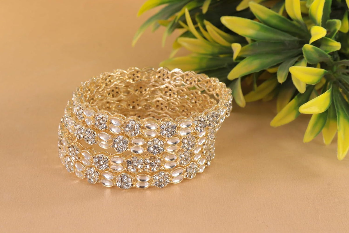 NMII Designer Alloy Kada Set with Diamond Stones & Kundan Work With Floral Design For Women & Girls | Traditional Bridal Jewelry | Wedding Kada For Girls | Wedding, Festival Jewelry - Pack of 4 Kada