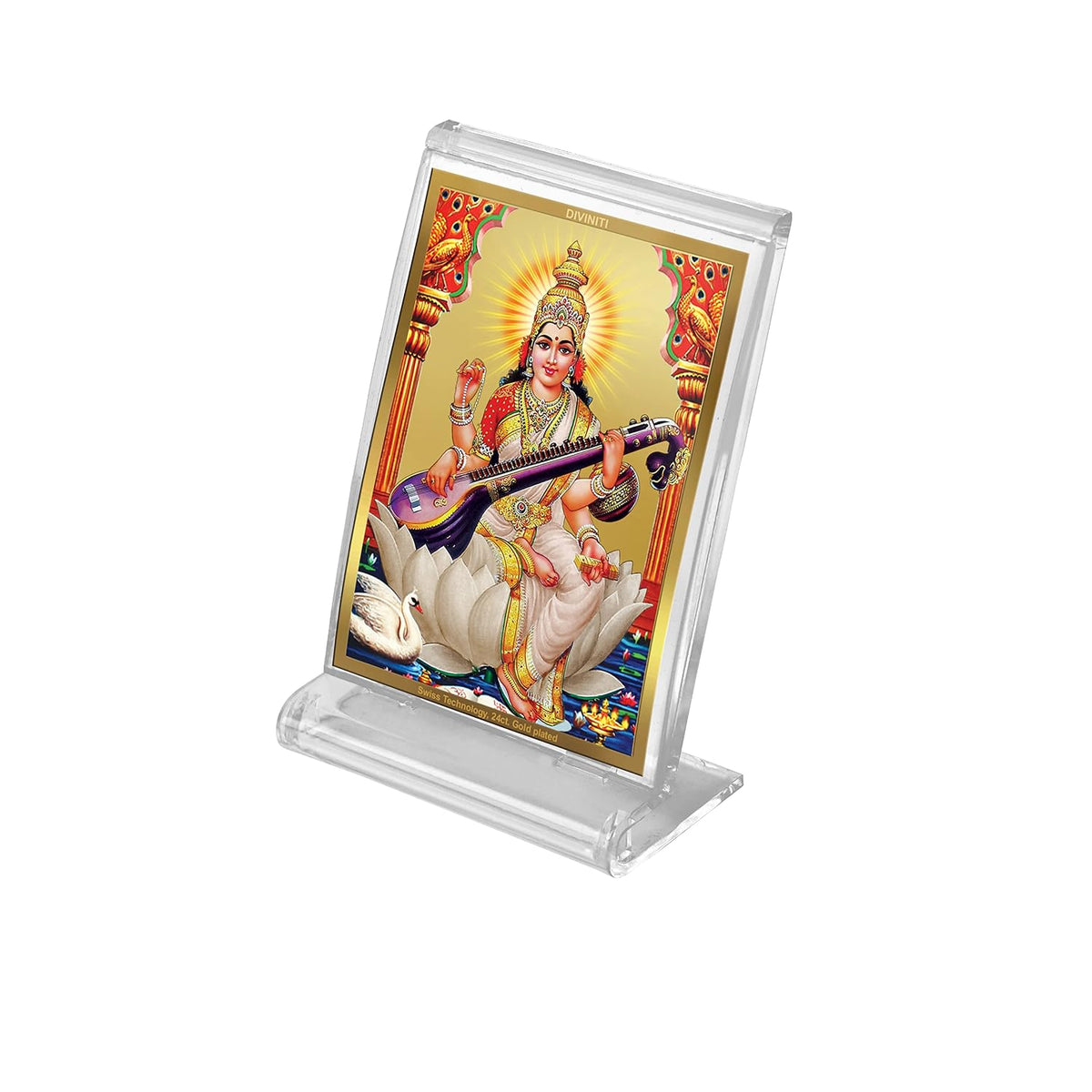 DIVINITI Santoshi MATA Photo Frame for Car Dashboard, Car Idol, Table Decor|ACF 3 Acrylic Car Frame with 24K Gold Plated Foil|Religious Frame for Pooja, Prayer and Gift (11X6.8 CM)