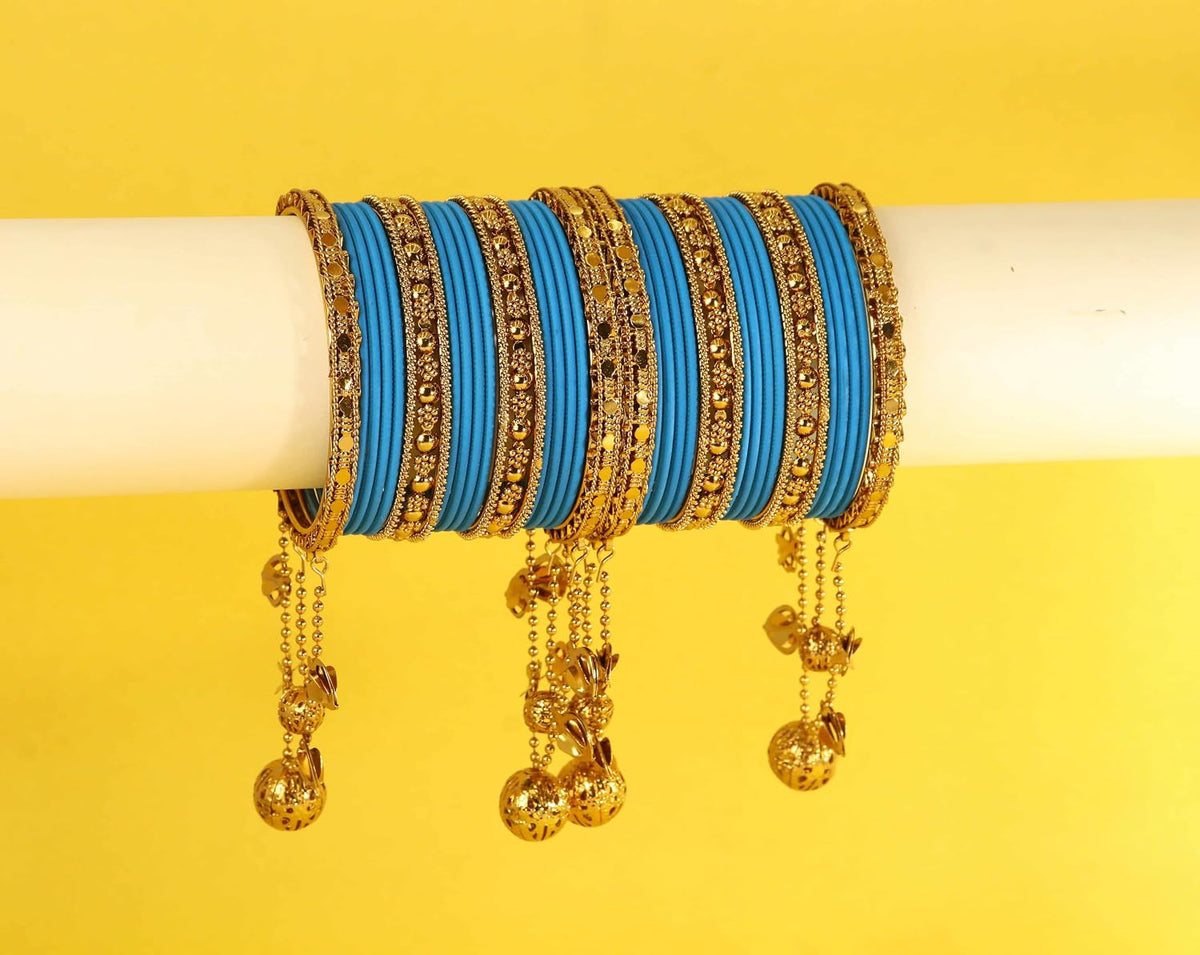 NMII Designer Bridal Chuda Set With Latkan | Gold Plated Traditional Metal Bangles with Decorative Latkan | Wedding, Karwa Chauth, Teej, Mehendi, Haldi Chuda (Pack Of 40)