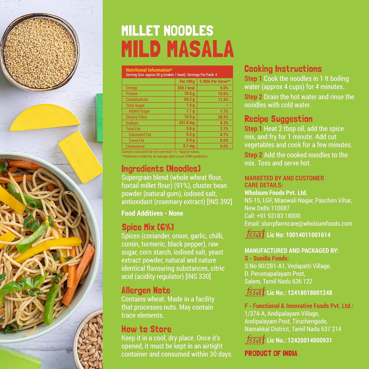 Slurrp Farm No Maida Hakka Noodles, Not Fried, No MSG, Classic Millet and Mild Millet Noodles Combo, Pack of 2, 192g Each