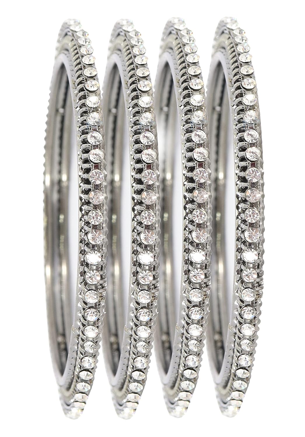 NMII Non-Precious Metal Base Metal and Curved Shaped Studded with Zircon Gemstone Glossy Finished Bangle/Kada Set For Women and Girls
