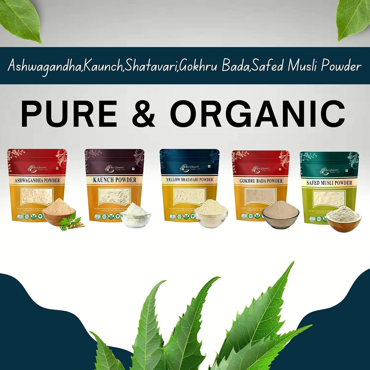 Brijbooti Safed Musli - Ashwagandha - Kaunch - Shatavari - Gokhru Bada (Powder) 180 Gr Each