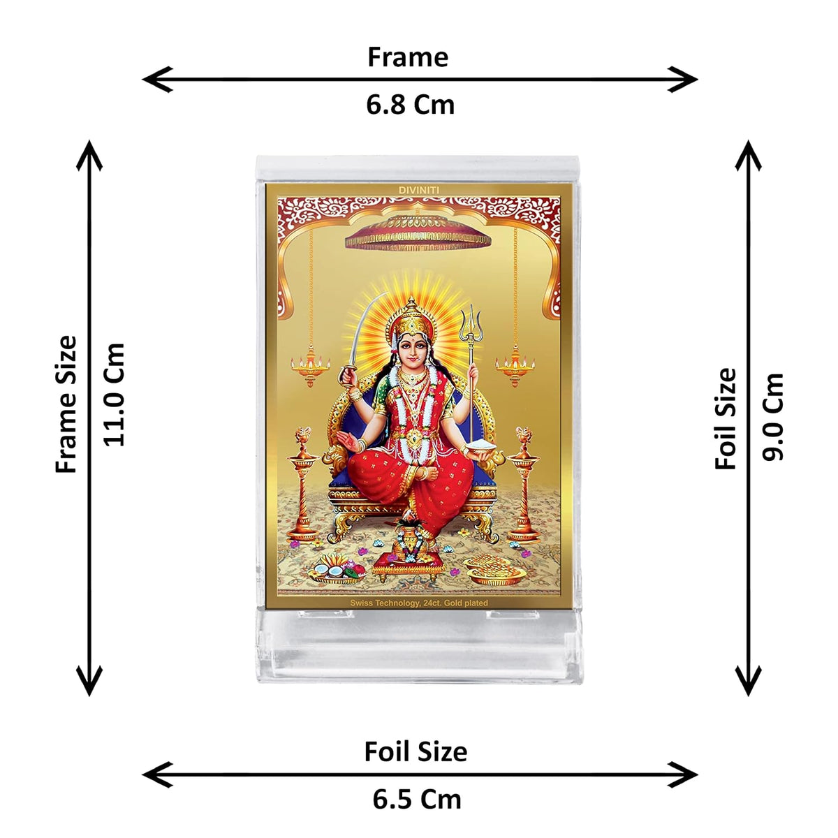 DIVINITI Santoshi MATA Photo Frame for Car Dashboard, Car Idol, Table Decor|ACF 3 Acrylic Car Frame with 24K Gold Plated Foil|Religious Frame for Pooja, Prayer and Gift (11X6.8 CM)