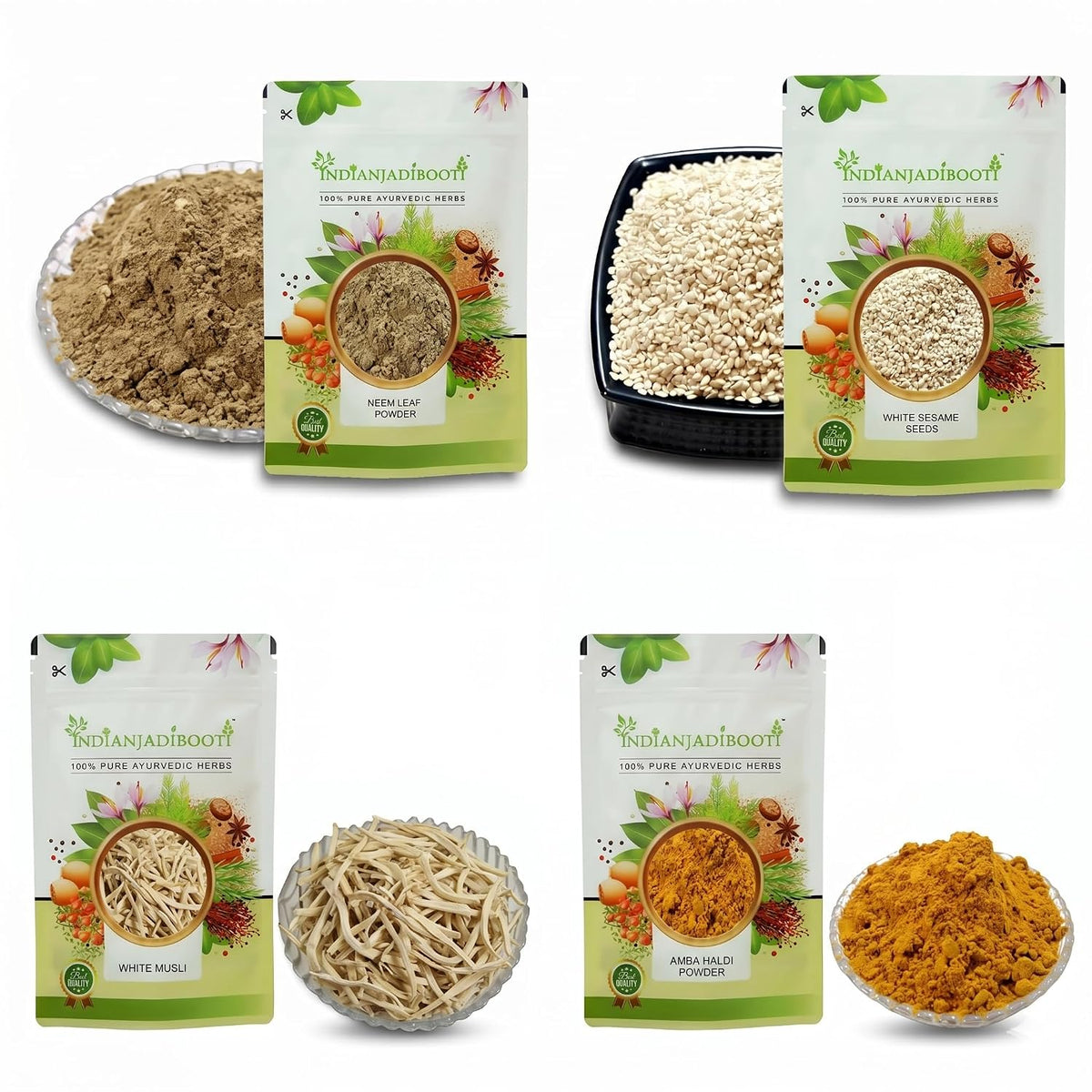 IndianJadiBooti Elite Radiance & Defense Bundle: Amba Haldi, White Sesame, Safed Musli & Neem – For Clear Skin, Hormonal Support & Systemic Immunity – 250gm Each
