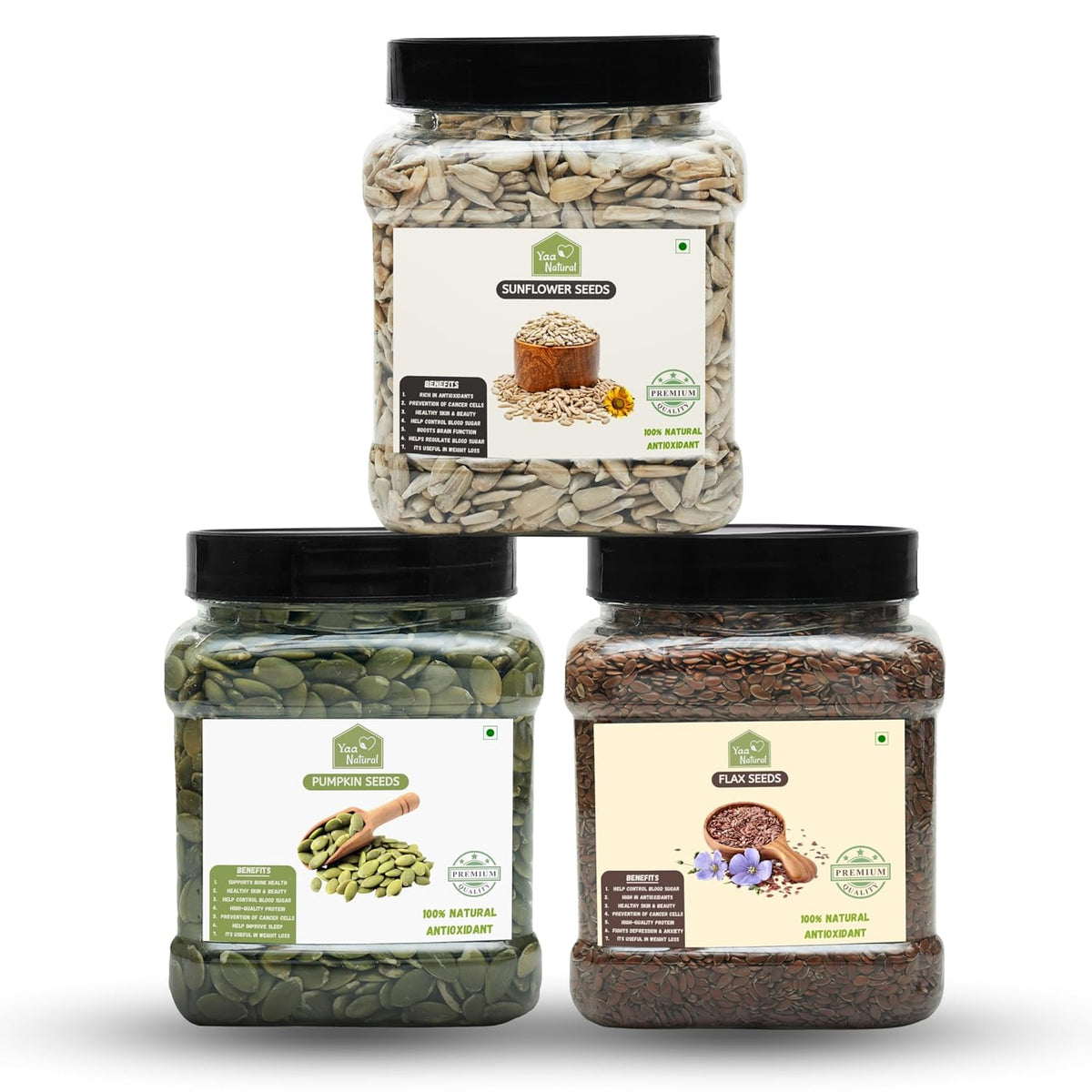 Yaa Natural Raw Pumpkin & Sunflower & FlaxSeeds - AAA Grade Seeds for Eating Source of Antioxidants Zinc & Iron & Dietary Fibre | Rich in Protein (