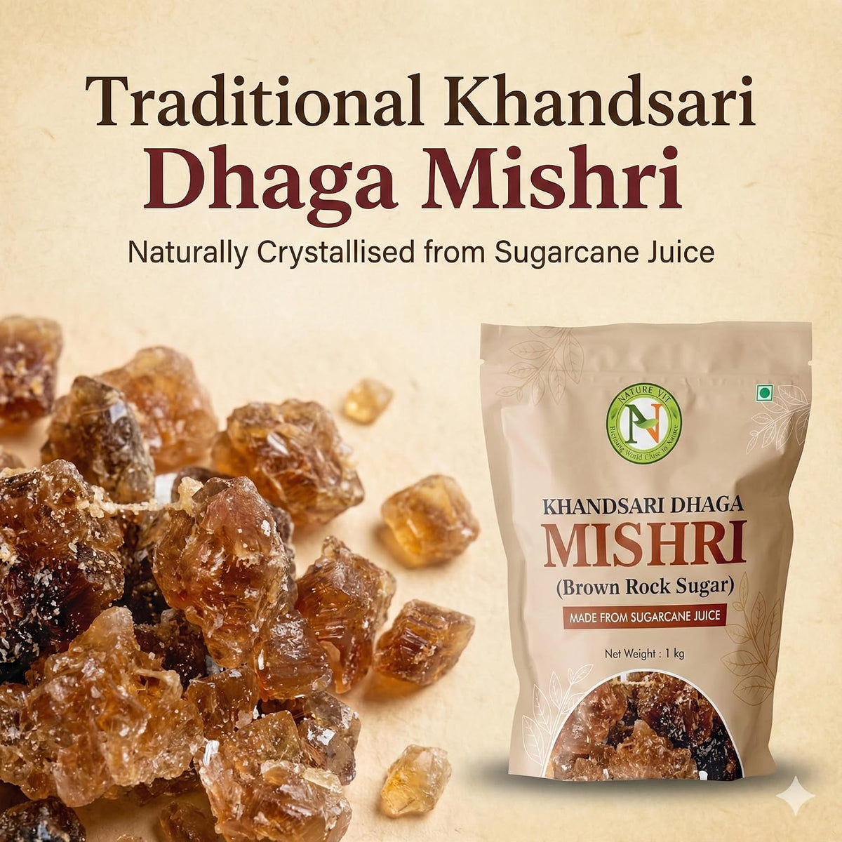 NatureVit Khandsari Dhaga Mishri 1 Kg | Pure Threaded Rock Sugar | Traditional Brown Mishri Candy for Pooja & Wellness