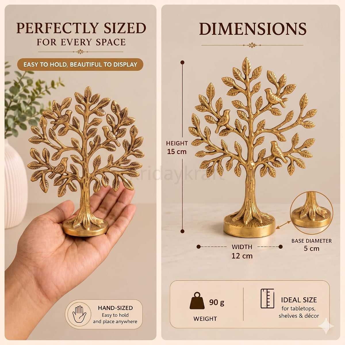 KridayKraft Kalpavriksha Tree of Life Showpiece with Birds, 15 cm Golden Metal Kalpvriksh for Home Mandir, Vastu, Office Table, Housewarming & Diwali Gift