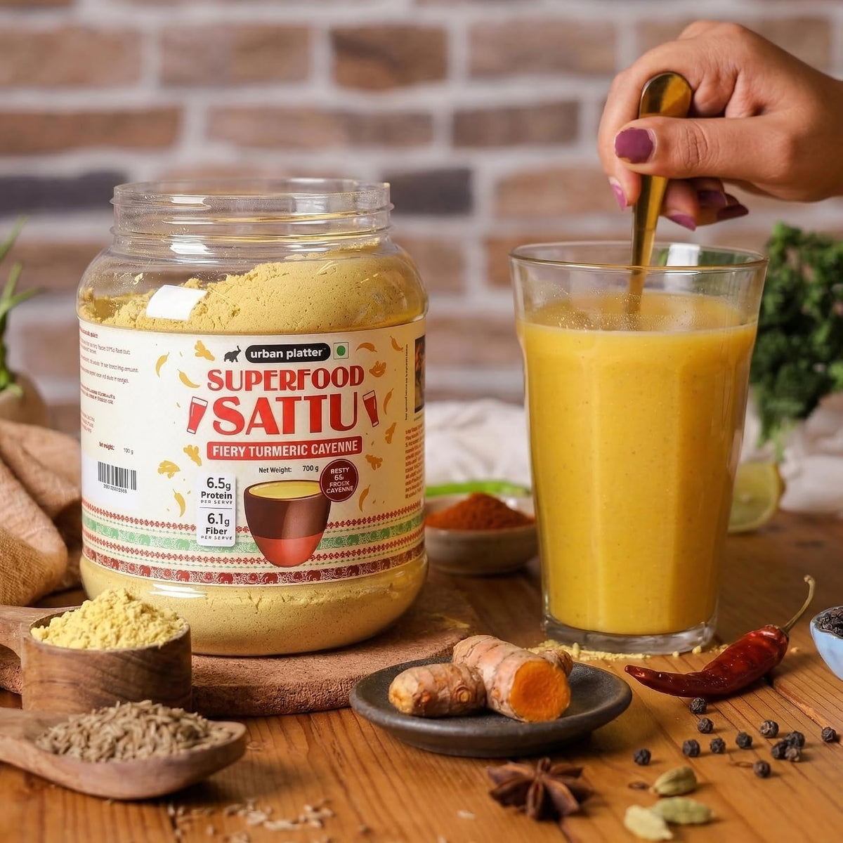 Urban Platter Turmeric Cayenne Superfood Sattu, 700g (High Protein & Fibre, Natural Coolant, Mid-Meal Drink, Traditional Plant Protein)