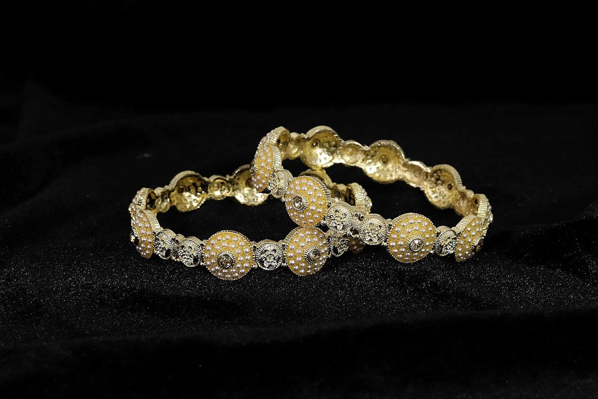 NMII Traditional Alloy Metal with White Pearls Moti Bangles For Women & Girls | Moti Kada Bangles Stylish | Rajwadi Kada Set For Wedding, Party, Occasion Wear- Set of 2 Kada