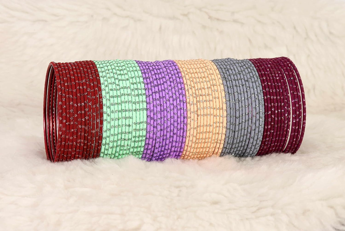 NMII Metal Colourful Bangles For Women & Girls with Glitter Zari Polka Dots | 12 Colour Bangles Combo | Simple Plain Matte Finish | Bangles For Daily use, Wedding, Party, Function- Set of 144