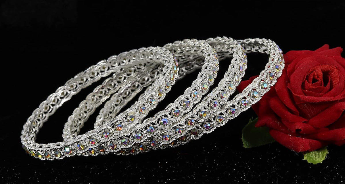 NMII Premium Metal with Zircon Gemstone Kada Bangles Set For Women and Girls | Fancy Women's Kada| Stylish Metal Bangles Set- Pack of 4