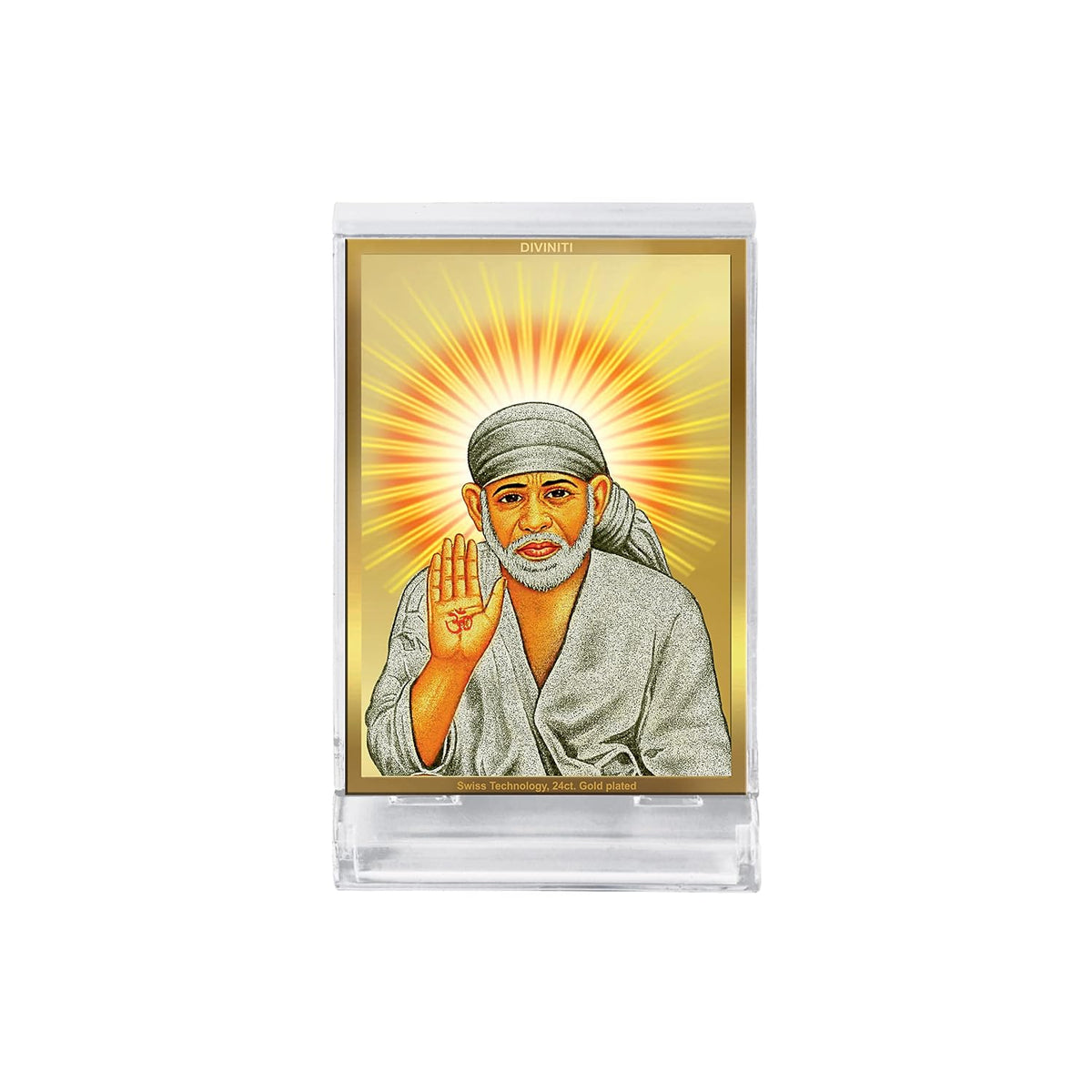 DIVINITI Sai Baba Photo Frame for Car Dashboard, Table Decor|ACF 3 Classic Sai Baba and 24K Gold Plated Foil| Religious Frame Idol for Pooja, Gifts Items (11.0X 6.8 CM)