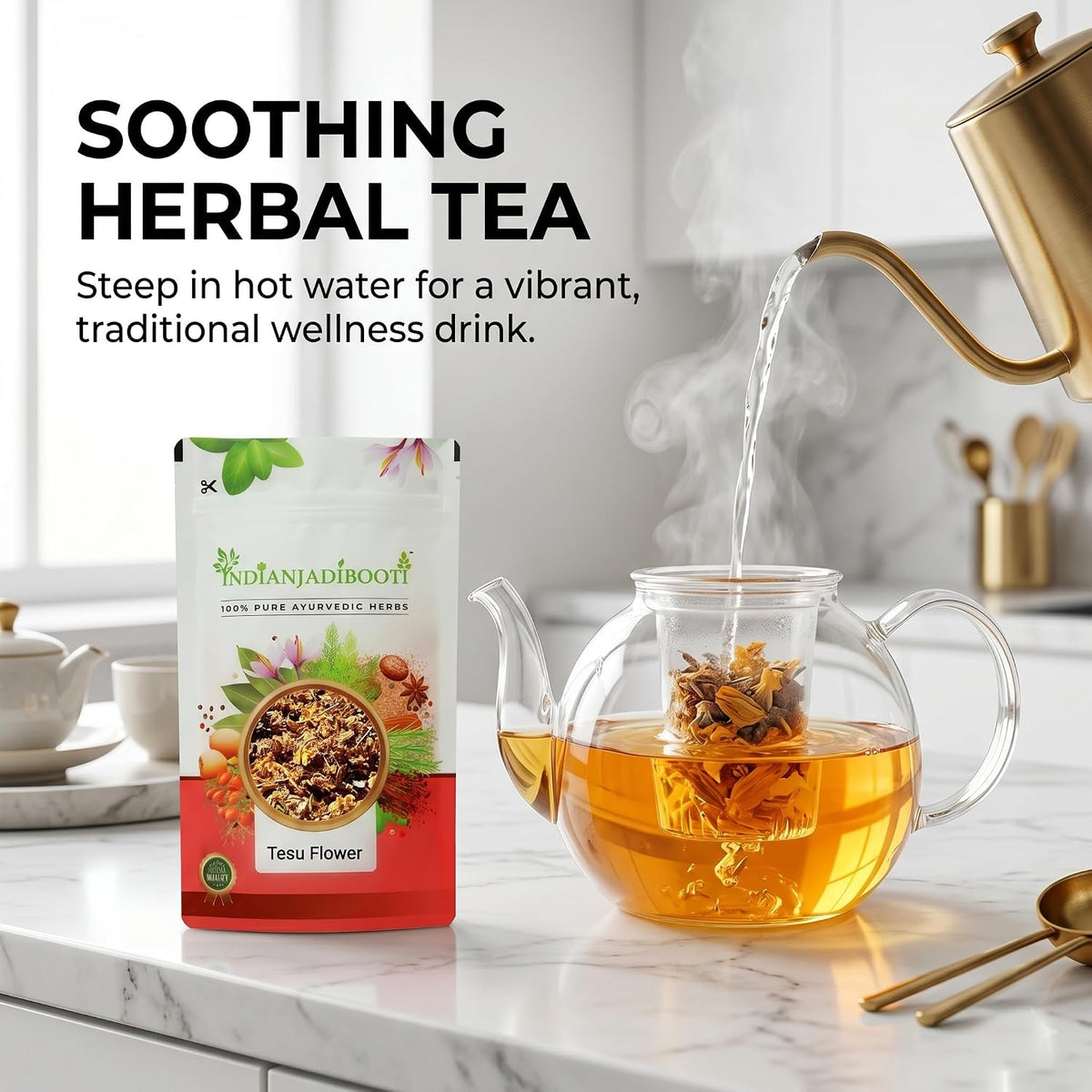 IndianJadiBooti Pure Tesu Flowers (Butea Monosperma) | Botanical for Complexion Harmony, Cooling Baths & Natural Dye | 100 Grams