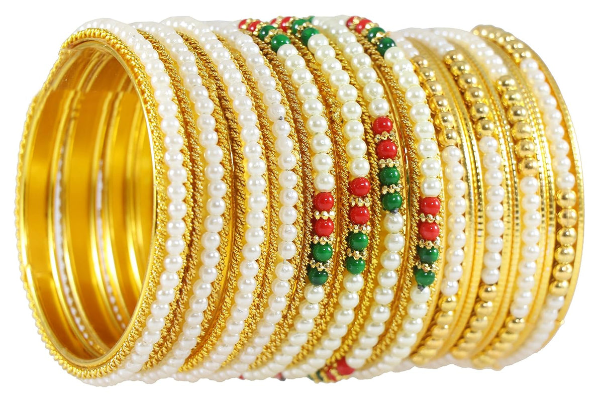 NMII Non-Precious Metal Base Metal with Curtting Pattern and Pearl Studded worked Glossy Finished Kada/Bangle Set For Women and Girls