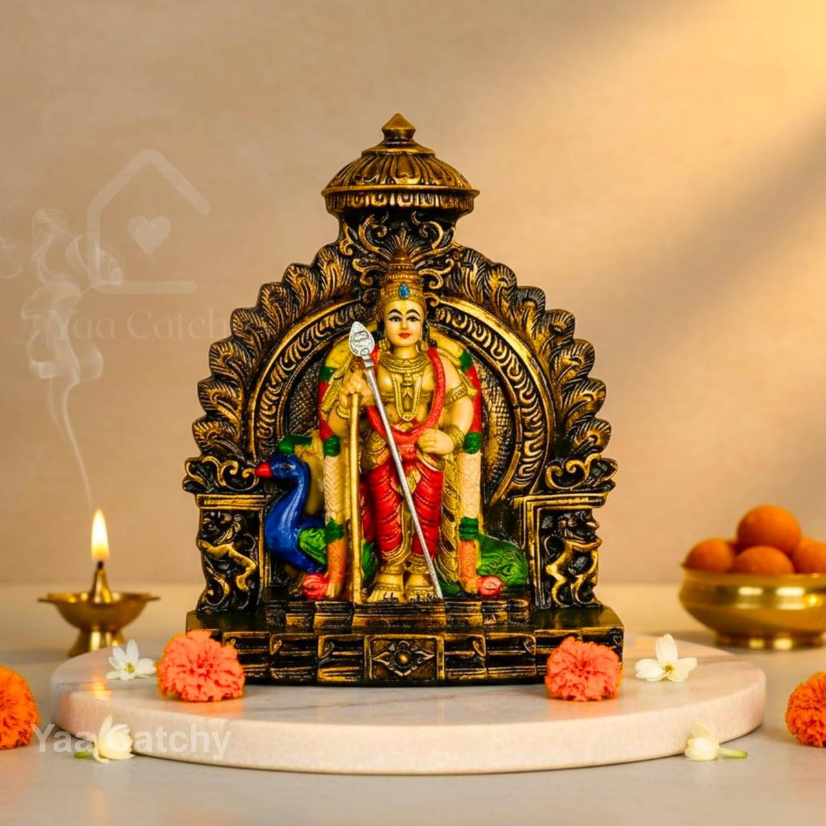 YaaNatural Yaa Catchy Lord Murugan Idol with Peacock & Vel Design Polyresin Statue hand painted Pooja Room, Home Décor & Office Table Spiritual Showpiece | Housewarming & Festival Gift (Arch Colour Murugan)
