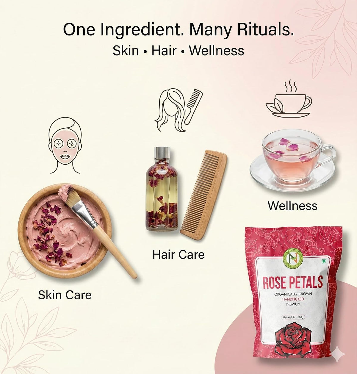 NatureVit Dried Rose Petals 100g | Natural & Edible Rose Petals for Tea, Desserts, Skincare & Decoration | 100% Pure and Fragrant