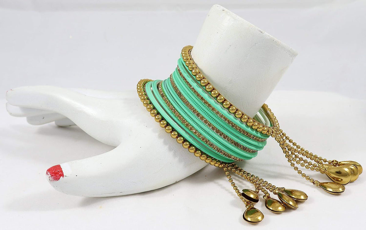 NMII Gold Plated Metal Bangles Set For Women & Girls with Zircon Gemstone & BallChain Linked | Latkan Bangle set | Traditional Bangles Bracelet | Stylish Gold Bangles-(F100-Radium-2.8),(Pack Of 26)