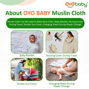 OYO BABY Premium Muslin Cotton Cloth, Baby Washcloths – Extra Soft, Absorbent & Reusable Face Towels for Newborns, Pack of 3 -White | Printed, 100x100cm | 0-18 Months