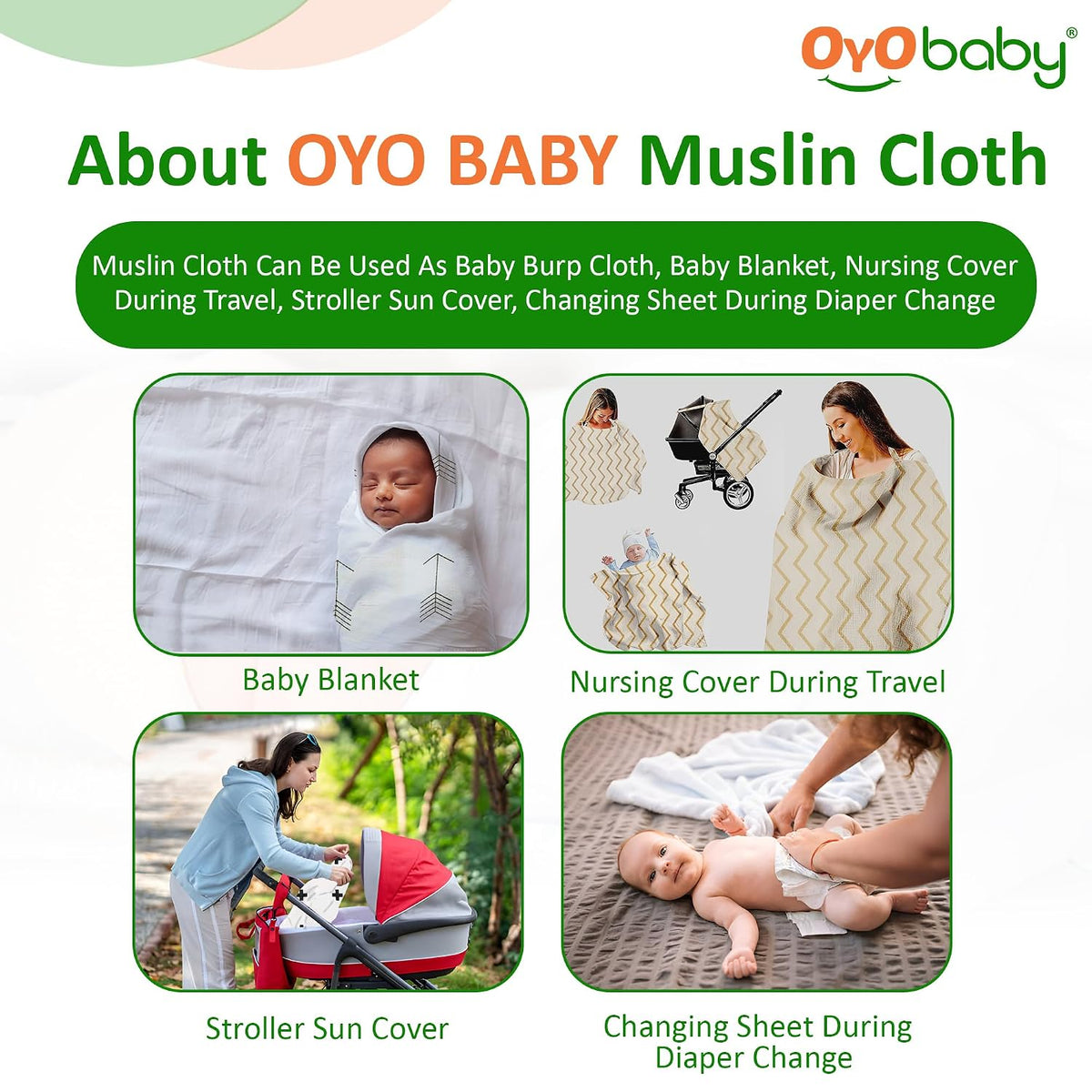 OYO BABY Premium Muslin Cotton Cloth, Baby Washcloths – Extra Soft, Absorbent & Reusable Face Towels for Newborns, Pack of 3 -White | Printed, 100x100cm | 0-18 Months