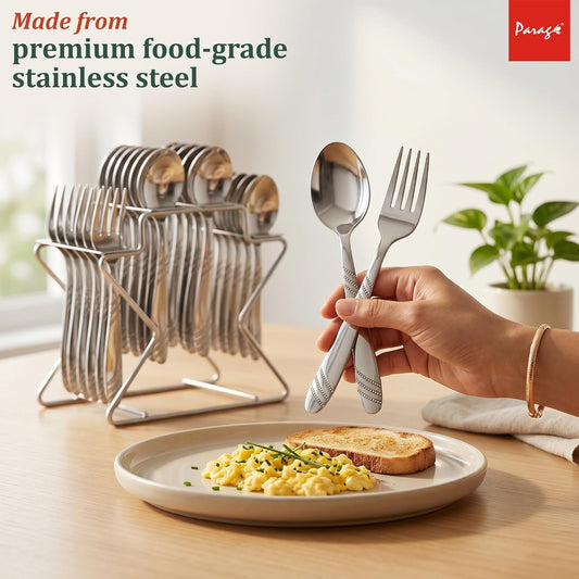 Parage Miracle Stainless Steel Cutlery Set of 25, Contains, Dinner Spoons Set of 6, Tea Spoon Set of 6, 6 Fork, 6 Soup Spoons, 1 Stylish Stand, Elegant Cutlery Set for Dining Table, Mirror Polished