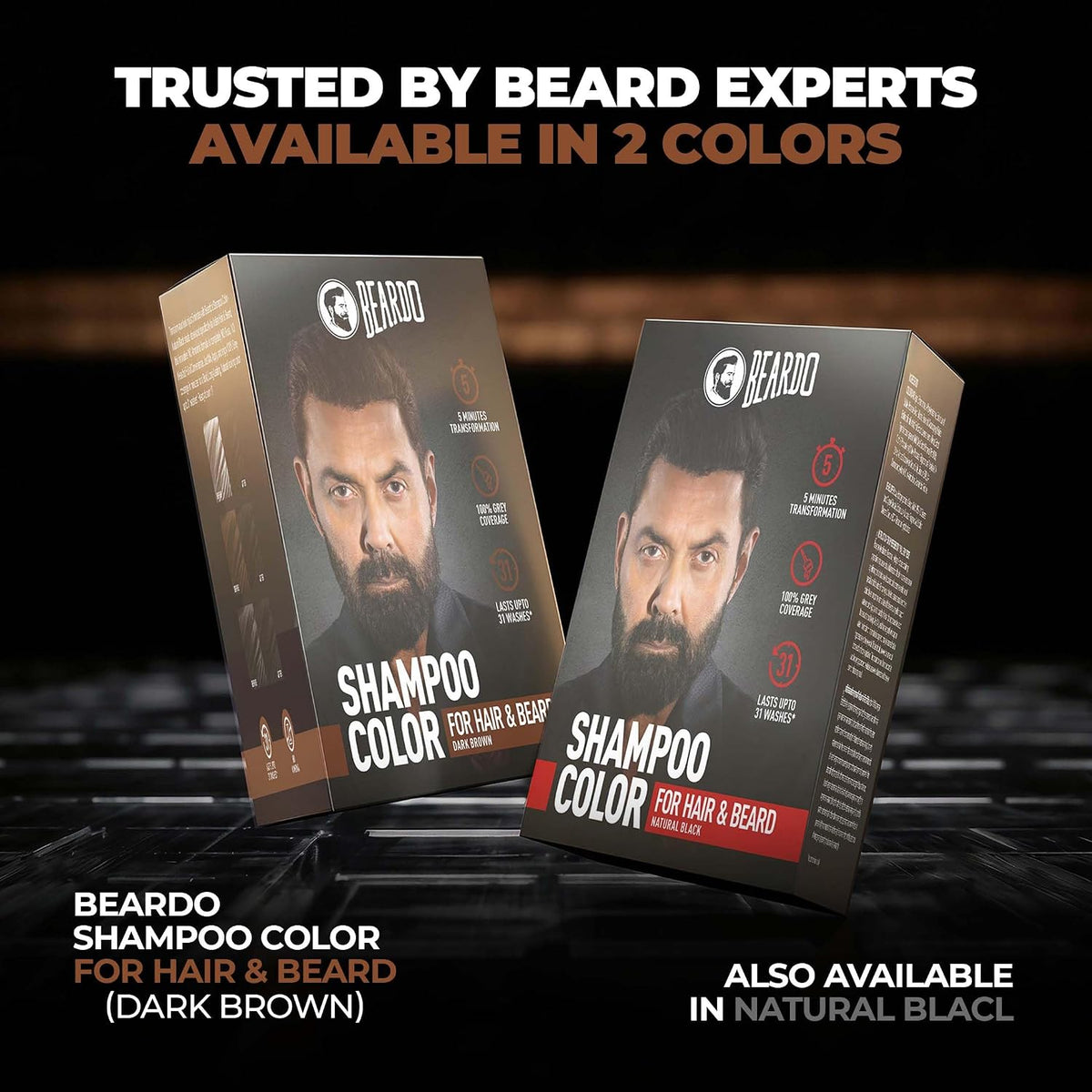 BEARDO Beard & Hair Shampoo Color | Natural Brown | 100% Grey Coverage | 5 Minute Hair Colour | Ammonia Free | With Natural Actives | No Stain Beard Colour | 20ml X 5