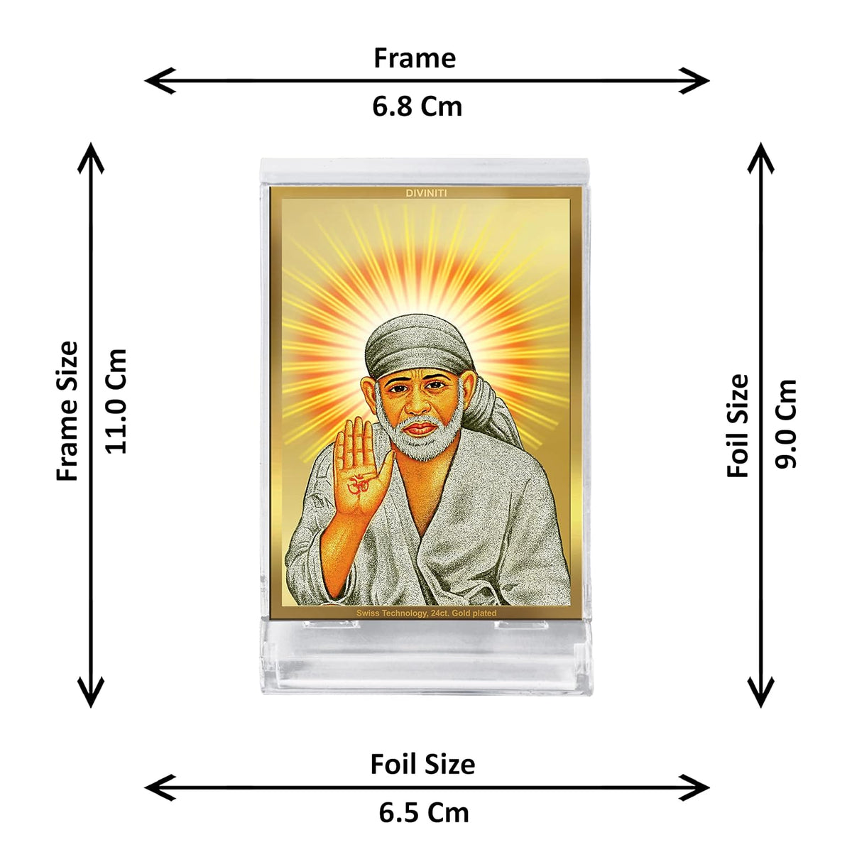 DIVINITI Sai Baba Photo Frame for Car Dashboard, Table Decor|ACF 3 Classic Sai Baba and 24K Gold Plated Foil| Religious Frame Idol for Pooja, Gifts Items (11.0X 6.8 CM)