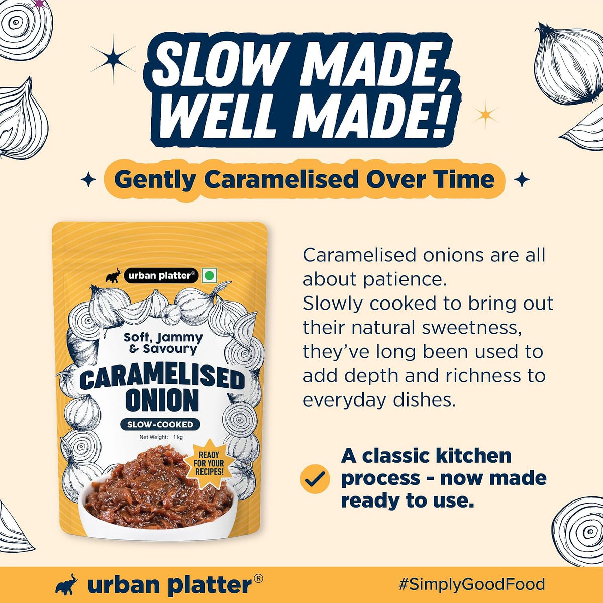 Urban Platter Caramelized Onion, 1Kg (Sweet-Savoury Onion Base for Pasta, Sandwiches, Gravies & Gourmet Cooking, Soft, Jammy & Slow Cooked, Perfect for Meal Preps, Value Pack)