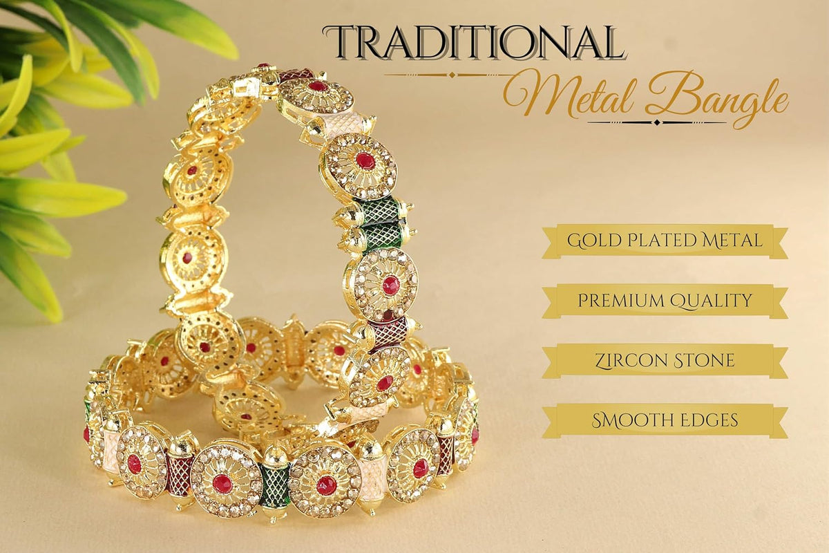 NMII Royal Golden Metal Bangles Set For Women & Girls with Zircon Diamond Stone | Traditional Gold Plated Kangan Set | Fancy Women's Fashion Jewellery Bangles | Wedding, Party, Festive- Set of 2