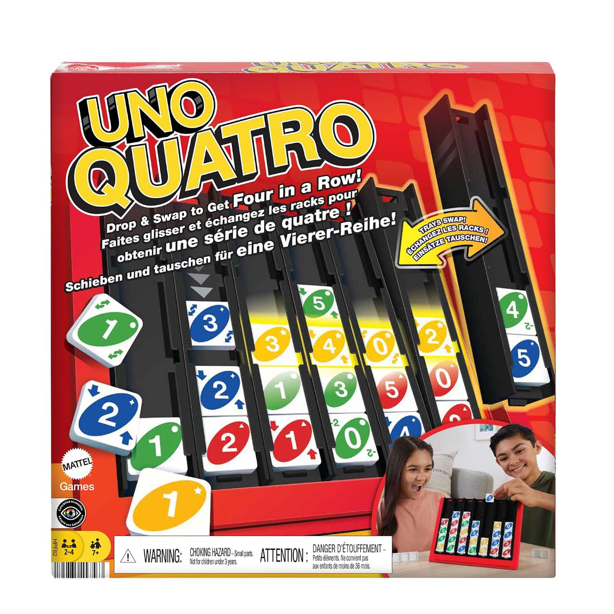 Mattel Games UNO Quatro Game with Colored Tiles & Plastic Grid for Adult, Family & Parties, 2 to 4 Players Ages 7 Years Old & Up
