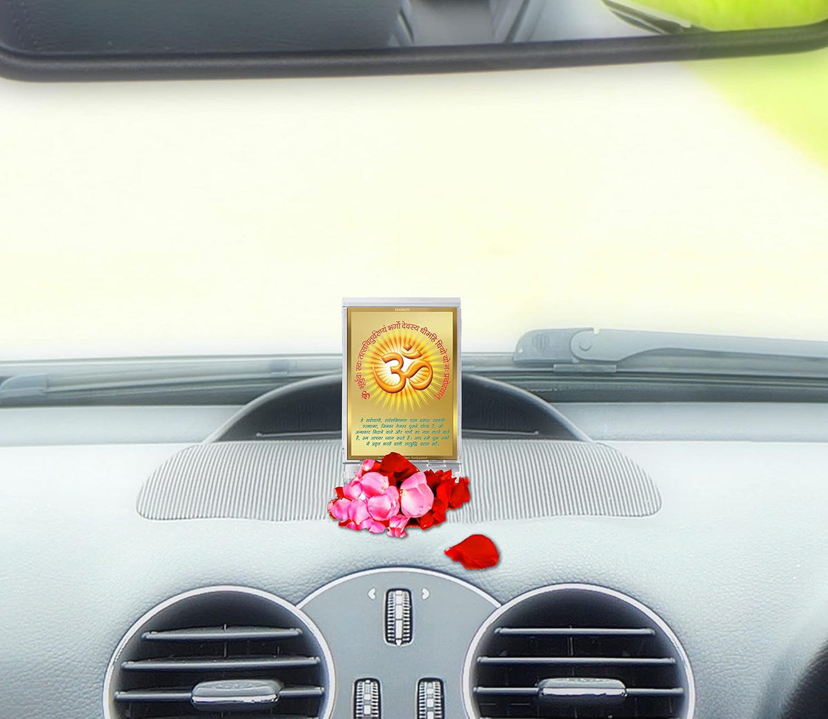 DIVINITI 24K Gold Plated Religious Car Dashboard Frame | Premium God Idol Frame for Car, Home Mandir & Office Table | Spiritual Gift, Decorative Showpiece | Om Gayatri Mantra