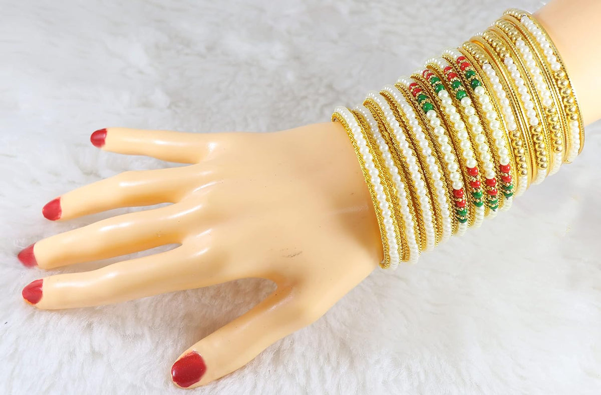 NMII Non-Precious Metal Base Metal with Curtting Pattern and Pearl Studded worked Glossy Finished Kada/Bangle Set For Women and Girls
