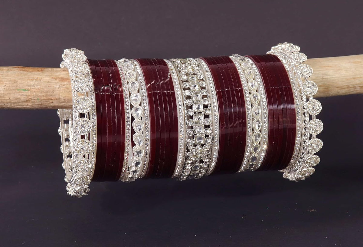 NMII Premium Metal Bangles Silver Chuda Set For Bridal Women & Girls with Zircon Diamond & Kundan Beads | Designer AD Chuda | Bridal Bangles Chooda Set For Wedding, Party, Occasion-Set of 74