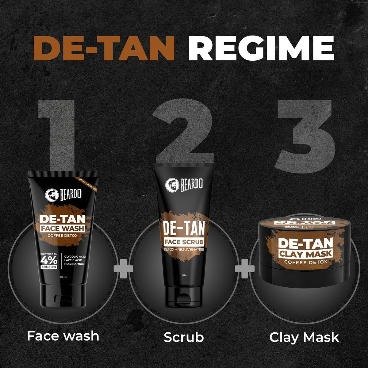 Beardo Face De-Tan Express Kit for Men | Face Wash, Face Scrub & Clay Mask | Helps Remove Tan, Dirt & Dead Skin | 3-Step Express De-Tan Routine