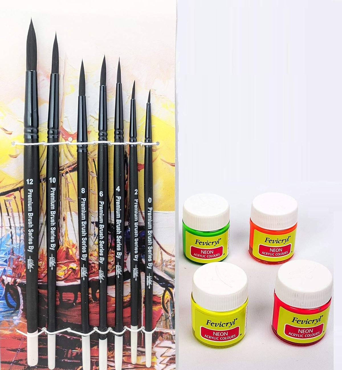Fevicryl Art Craft Painting Acrylic Colors - Neon Yellow, Orange, Pink, Green with Black Hair Round Brushes - Set of 7