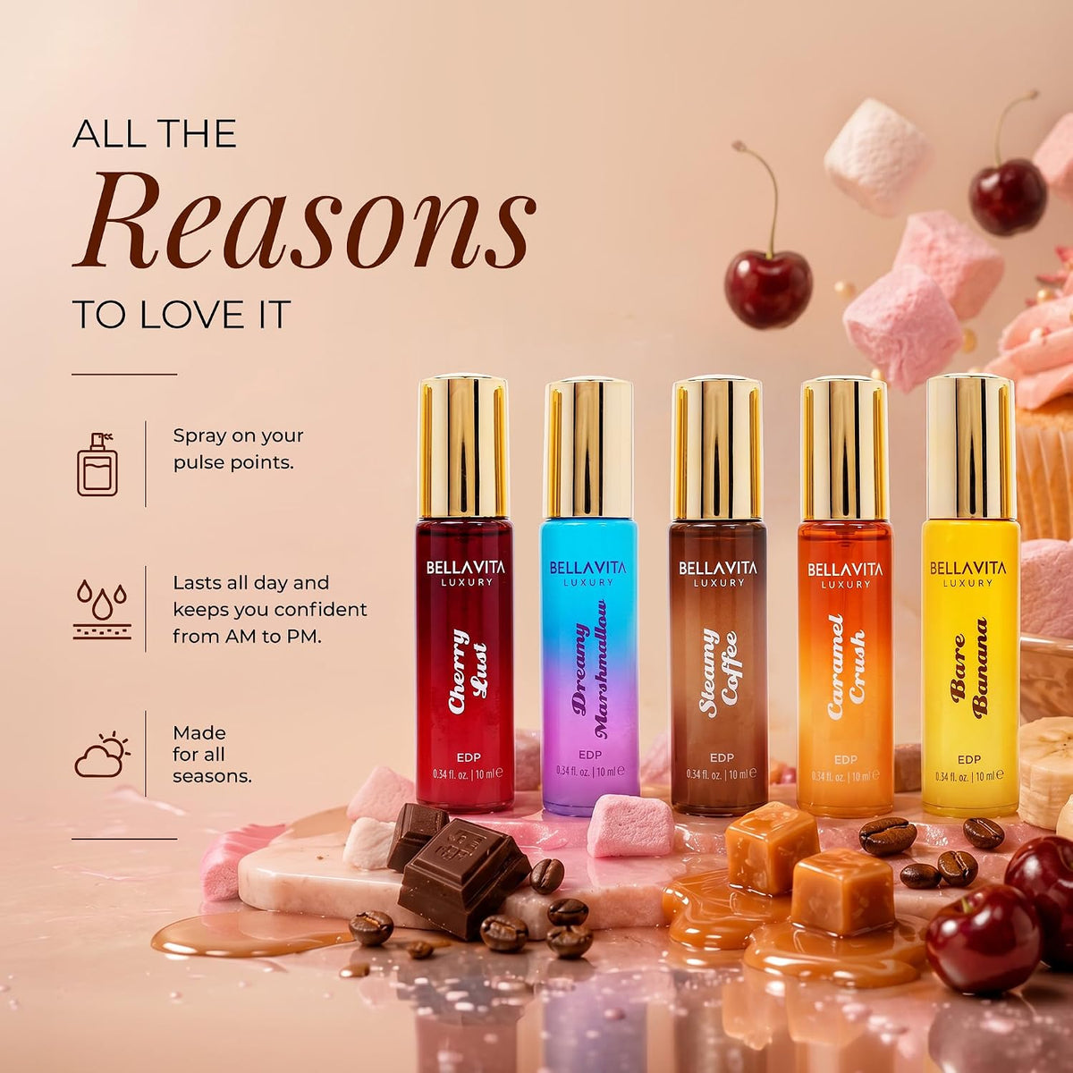BELLAVITA Gourmand Trend Series | Sweet & Dessert Pocket Fragrances (5 x 10 ml) Eau de Parfum - 50 ml (For Men & Women)
