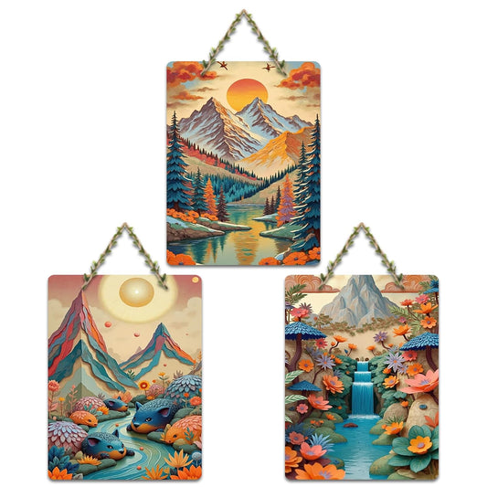 Artvibes Mountain, Waterfall & Floral Nature Modern Art Wooden Art Decoration Item for Home | Art For Wall | Door Decoration Items | Graphic Artwork | Wall Art Print | Unique Gift (WH_9642N), Set of 3