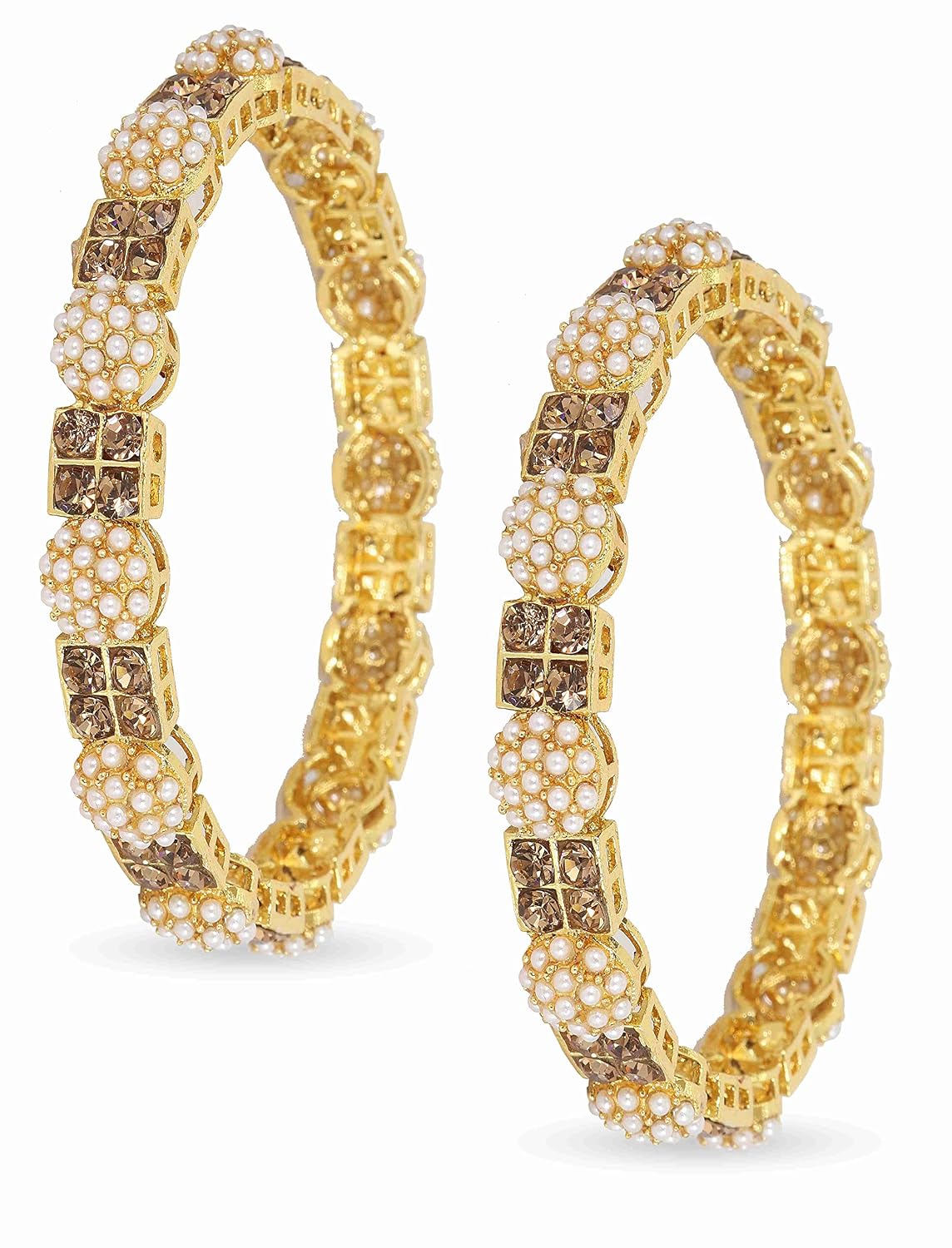 NMII Non Precious Metal Base Metal With Zicon Gemstone and Moon pearl Studded Glossy Finished Kada Set For Women and Girls