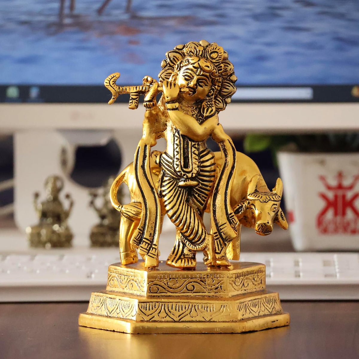 KridayKraft Lord Cow Krishna with Flute Metal Handicraft Statue, Gold-Plated Religious Showpiece Decorative Figurine,Hindu Religious Idol, 16 cm