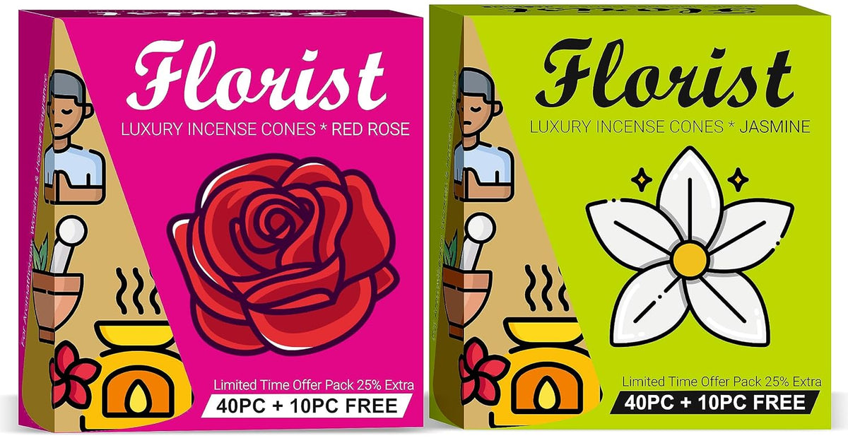 Parag Fragrances Florist Dhoop Incense Cones (Rose, Sandal, Frankincense & Jasmine) Combo Pack Natural Essential Oils & Flowers 200 Sticks Pack