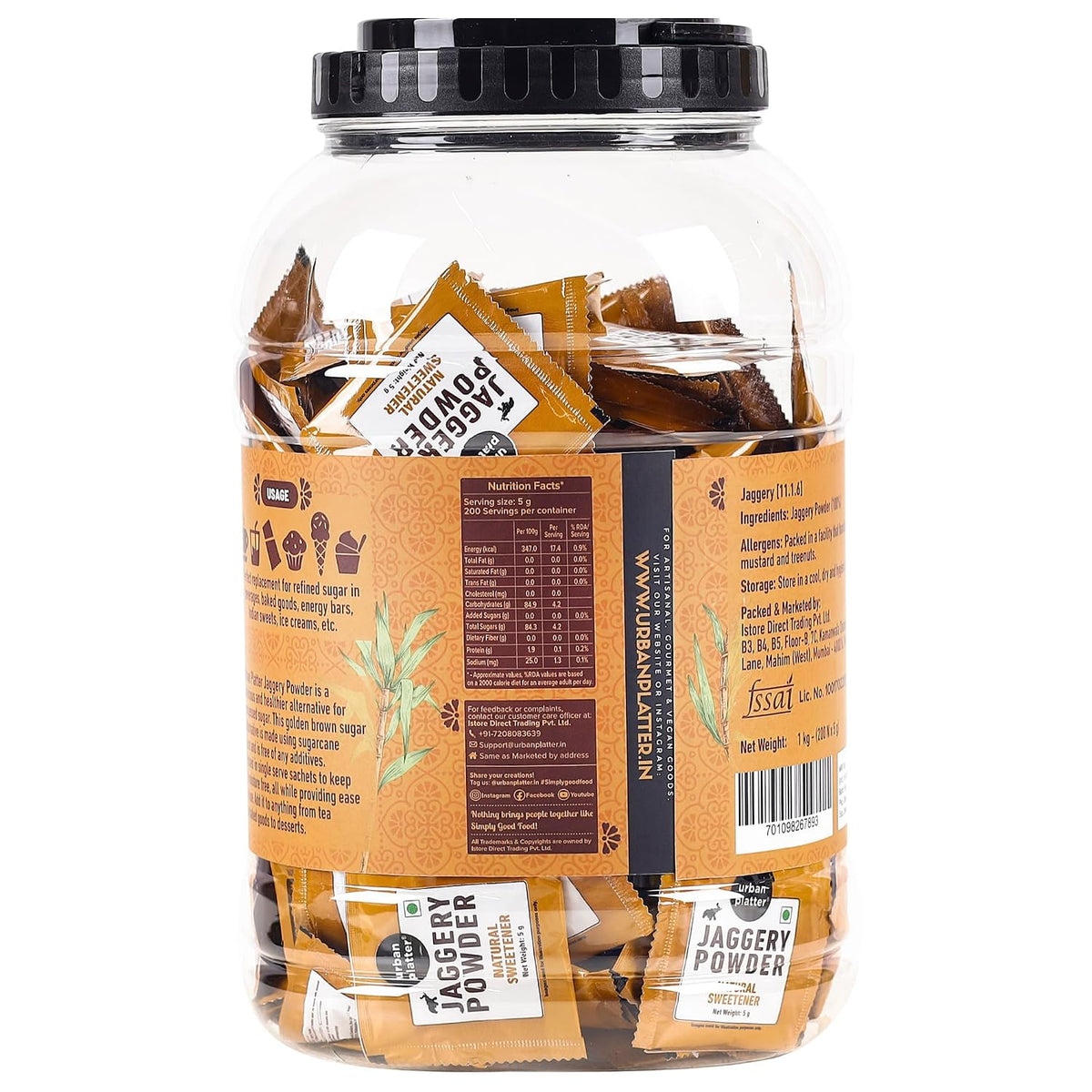 Urban Platter Jaggery Powder Sachets, 1Kg / 35.2oz [200 Sachets, 5 Grams Each]
